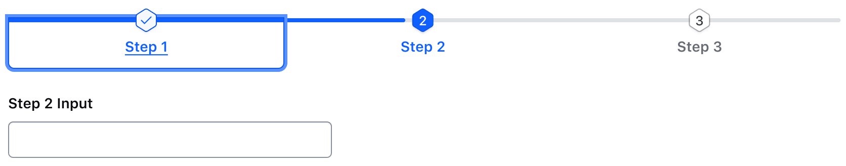 Stepper Nav with 3 steps. The left arrow has been pressed moving focus from step 1 to step 2.